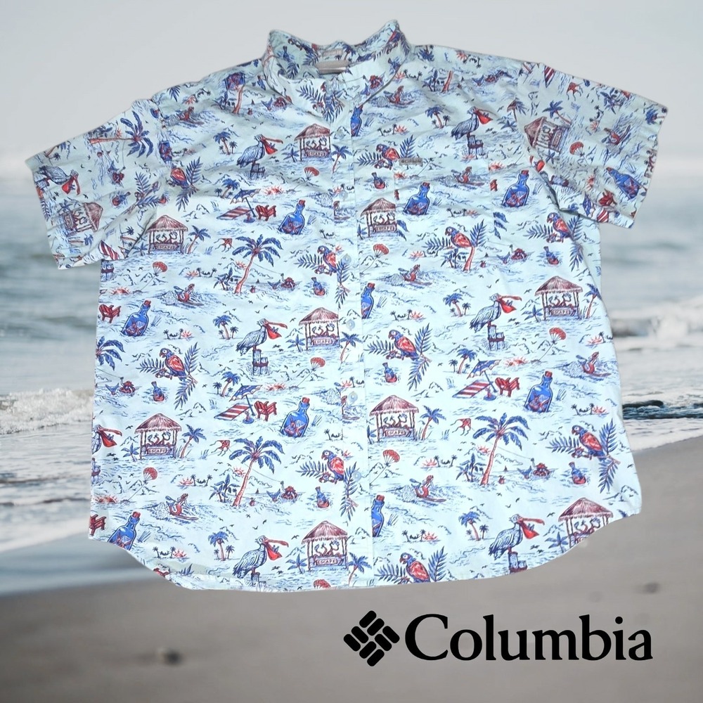 Columbia Mens PFG Escape Beach Novelty Print Button Down Shirt Blue XXL - Picture 1 of 7